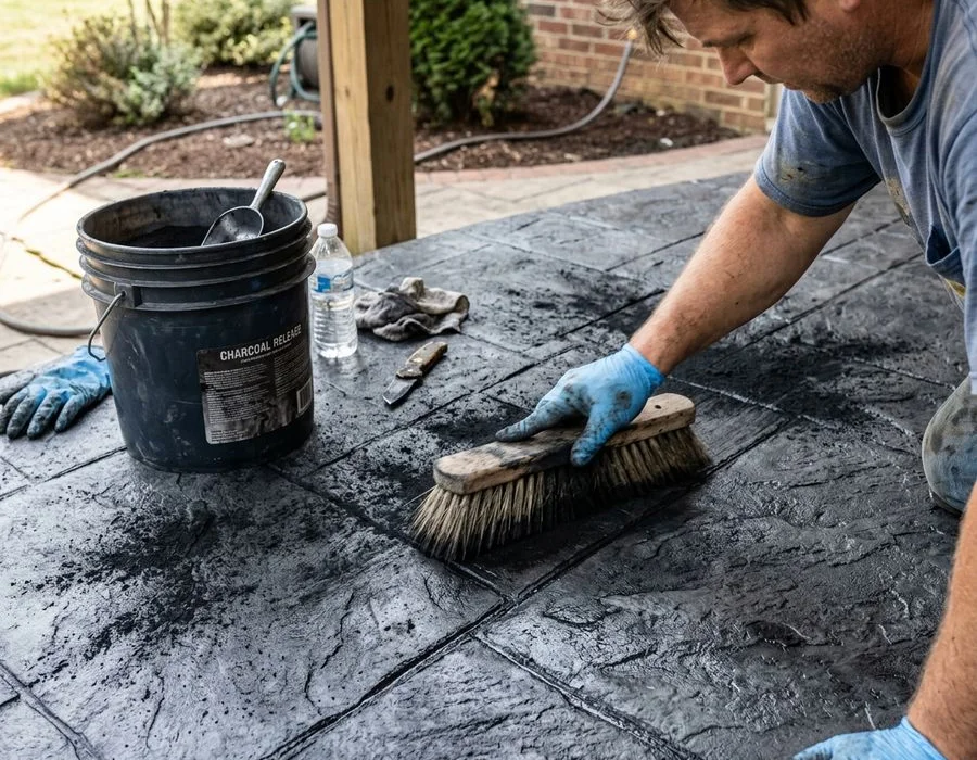 Hand-applied antiquing release powder brushed across a stamped slate pattern