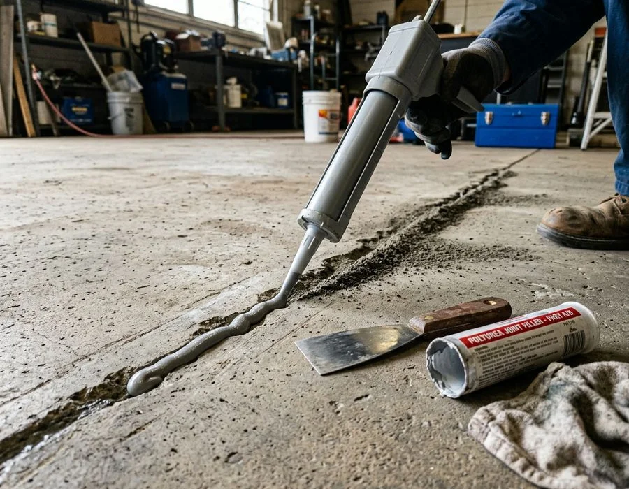 Polyurea crack filler being injected into a concrete crack