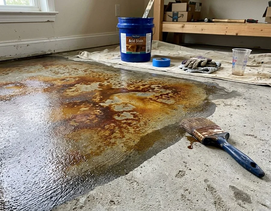 Close-up of variegated acid stain color showing translucent depth across a concrete floor
