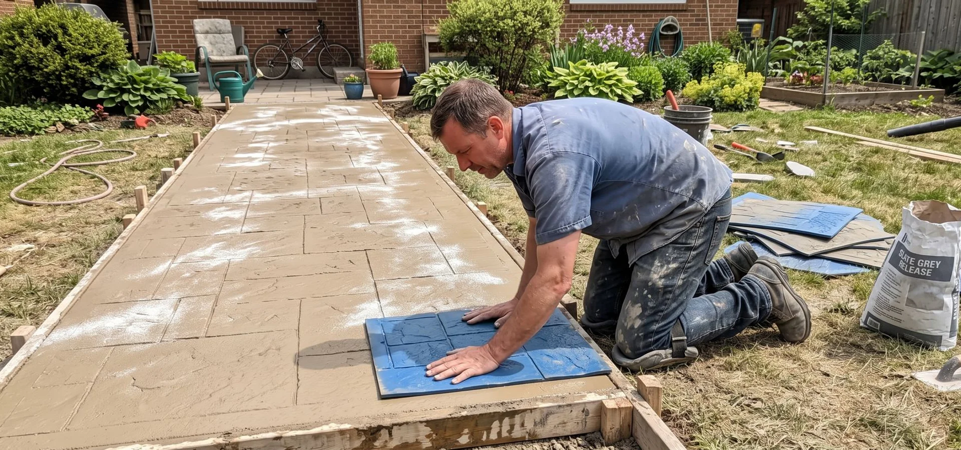 Craftsman pressing an Ashlar slate texturing mat into freshly poured colored concrete