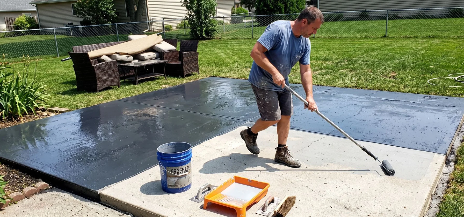 Craftsman rolling fresh sealer across a cleaned concrete driveway