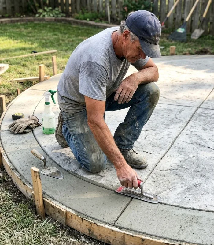 Arthur Vance hand-tooling the edge of a freshly stamped concrete slab