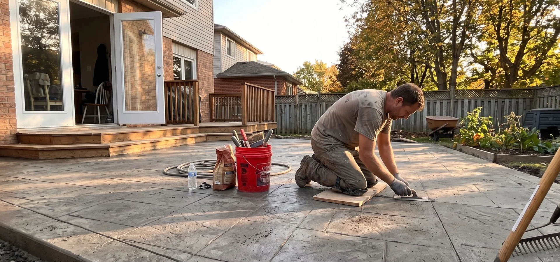 Master concrete craftsman hand-tooling a stamped slate patio beside a Chattanooga home
