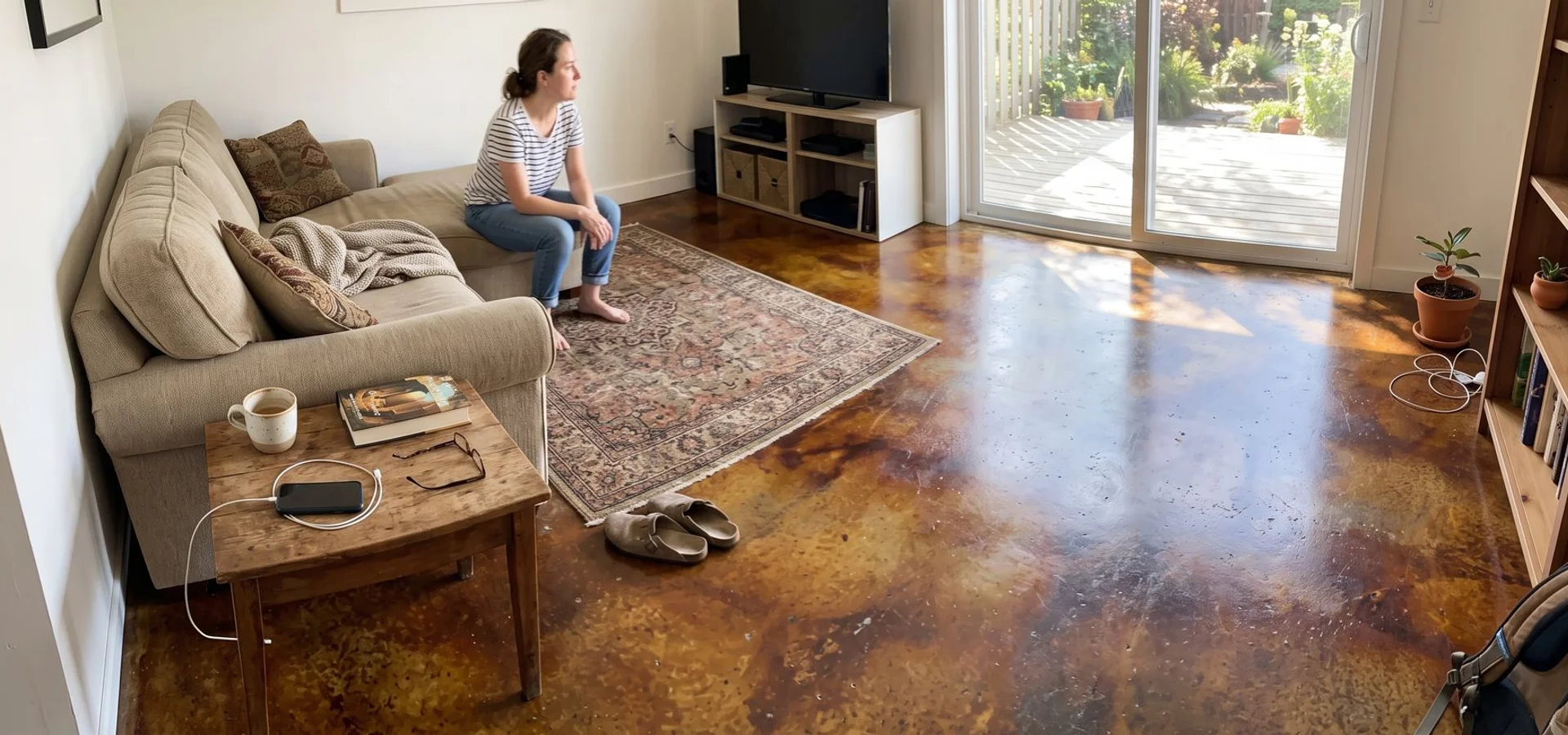 Mottled amber and brown acid-stained concrete floor in a finished daylight basement
