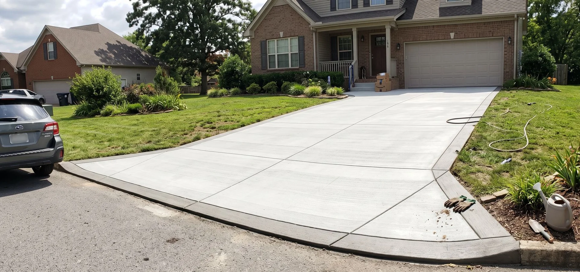Newly finished concrete driveway with a picture-frame border leading to a Chattanooga home