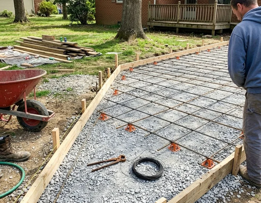 Tied #4 rebar grid on chairs over a compacted crushed-stone base before a driveway pour