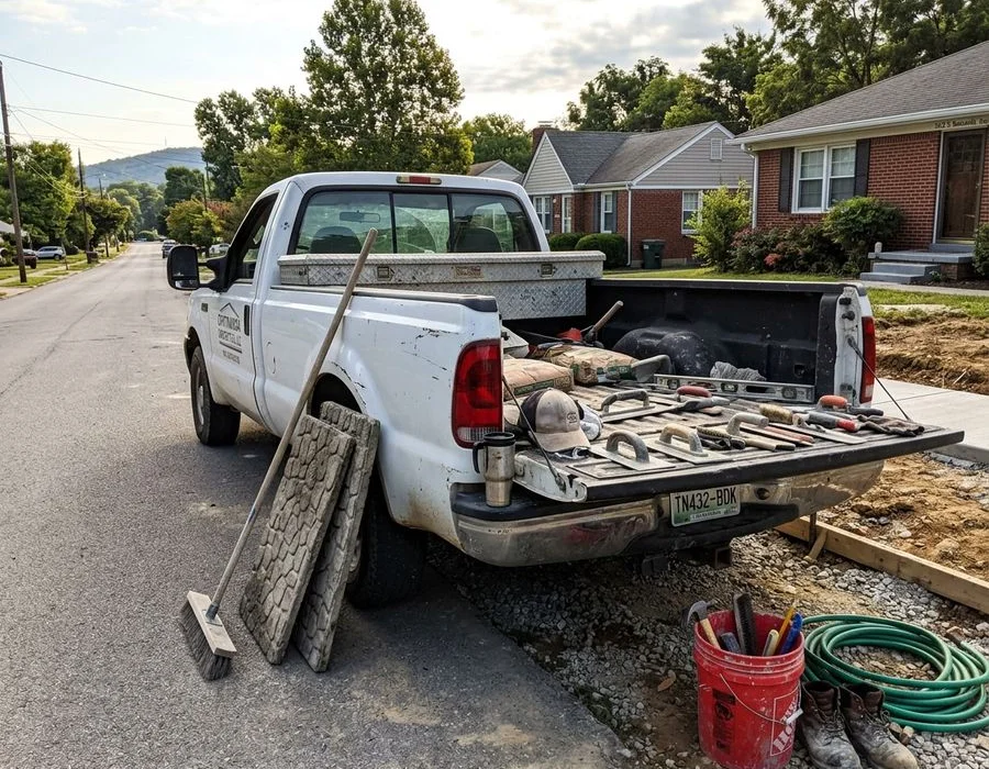 Concrete tools, stamping mats and trowels laid out at a Chattanooga job site